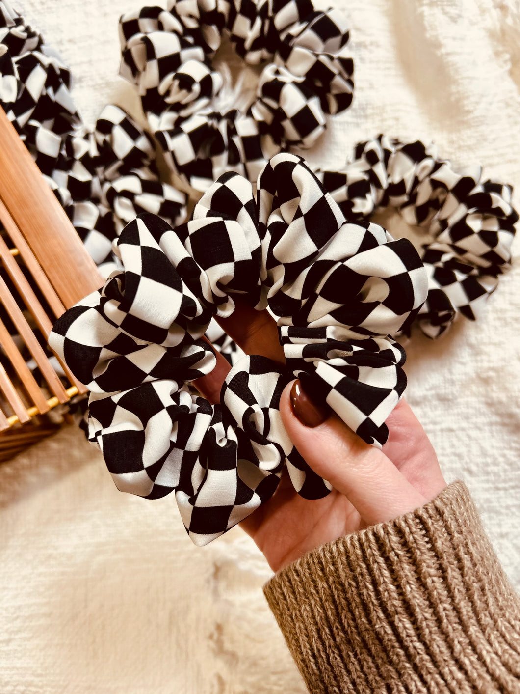 Black and white checker scrunchie