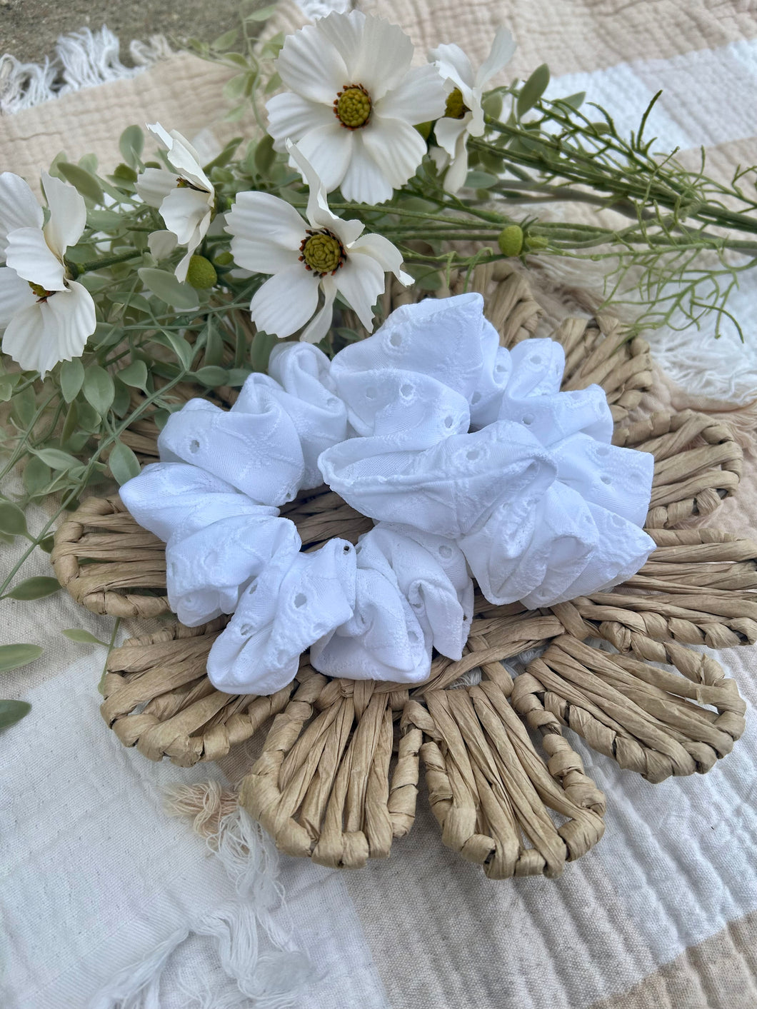 Embroidered White scrunchie